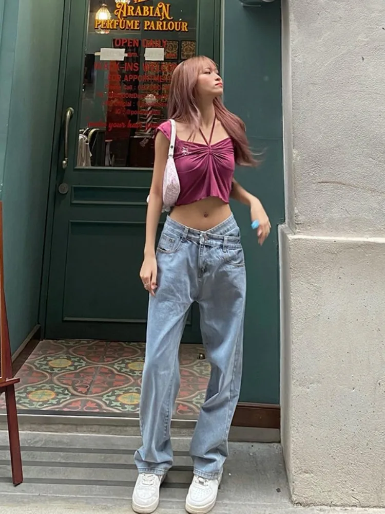

Women's V-Neck Sleeveless Shirt, Lace-Up Female Shirt, Super Short Crop Top, Y2K Clothes, Folds, Streetwear, Purple, Fow