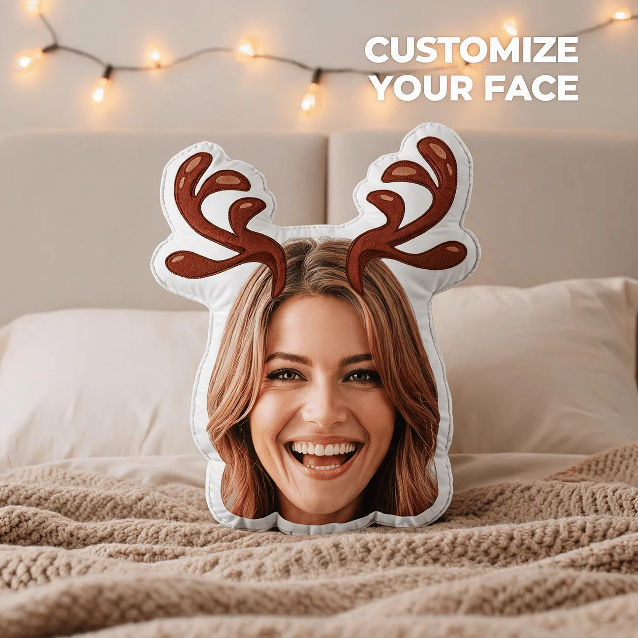 Custom Photo Face-Shaped Pillow with Antlers, Personalized Funny Smiling Portrait Decorative Cushion, Unique Home Decor Accent f