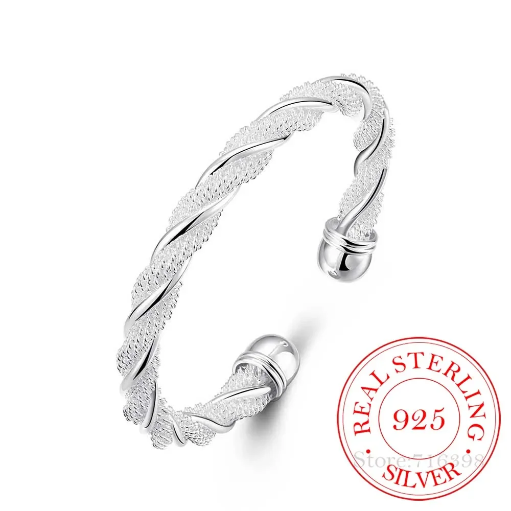925 Silver Sterling For Women Man Mesh Wide Braided Bracelet Bangle Chain Wristband Jewelry Bijoux Punk Jewelry