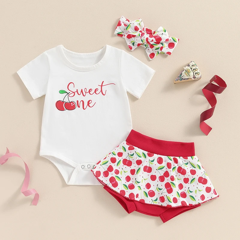 0-18M Infant Baby Girls Shorts Set Cherry Print Short Sleeve Romper Tops with Shorts and Hairband 3pcs Sets Summer Cute Outfits