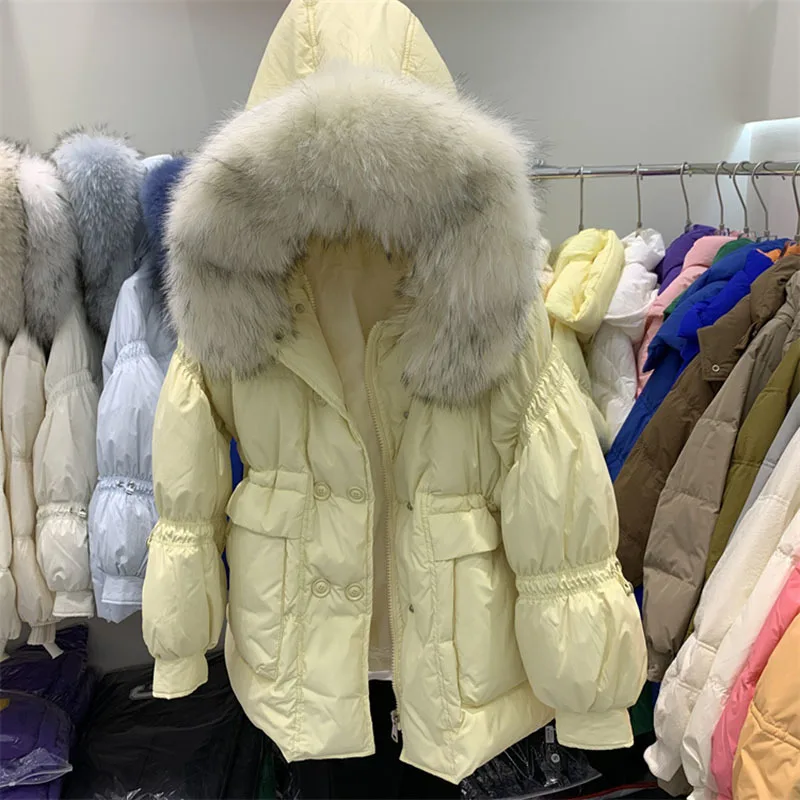 New Winter Women 90% White Duck Down Jacket Real Large Fur Collar Coat Thick Warm Streetwear Female Parka Snow Outwear