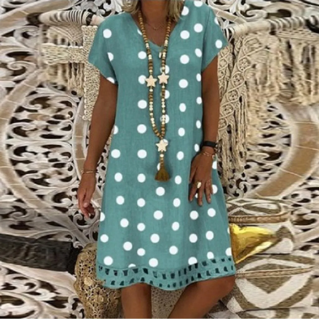 Length Dress Dress Dot Women V-Neck Loose Fashion Print Casual Polka Short Sleeves Tunic Dress Maxi Dress With Pockets For Women