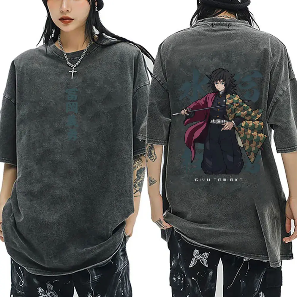 

Washed Vintage Anime Demon Slayer Water Hashira Tomioka Giyuu Graphic T-shirts Men Women Cartoon 100% Cotton Crewneck T Shirts