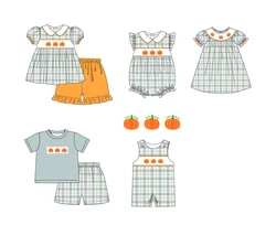 New Ropa Summer Short Sleeve Round Neck Dress Halloween Pumpkin Pattern Girl Top T-shit And Orange Shorts Romper Boy Clothes