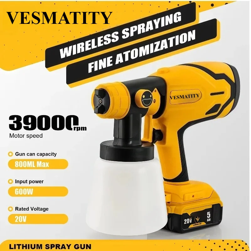 800ML Electric Spray Gun High Power Cordless Paint Sprayer HVLP Auto Furniture Steel Coating Airbrush  for Dewalt Battery Pin