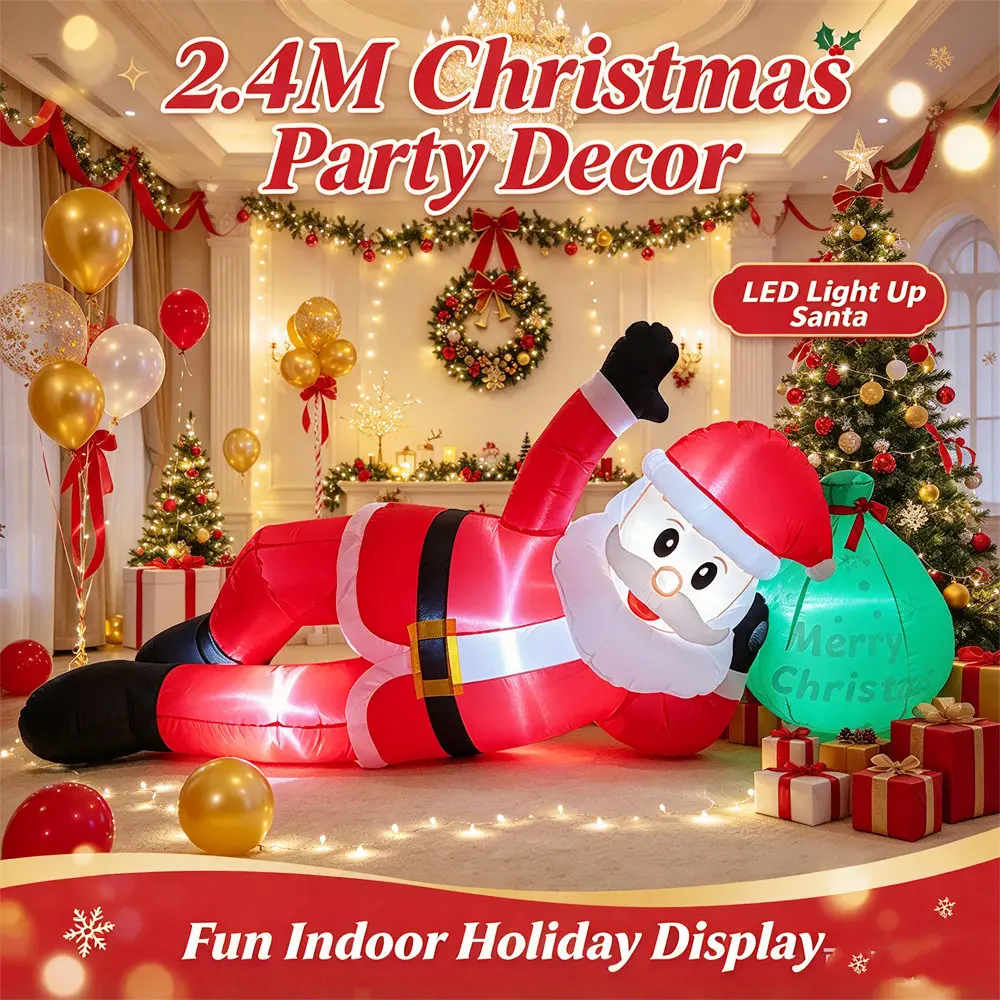 2.4M Inflatable Christmas Lying Down Santa Claus With Gift Bag, Built-In LED Lights, Waving Outdoor Yard Christmas Decoration