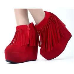 New Arrival High Heels Ankle Boots for Women 15 cm Wedges Shoes Woman Red Black Tassels Design Platform Boots Winter WSH5005