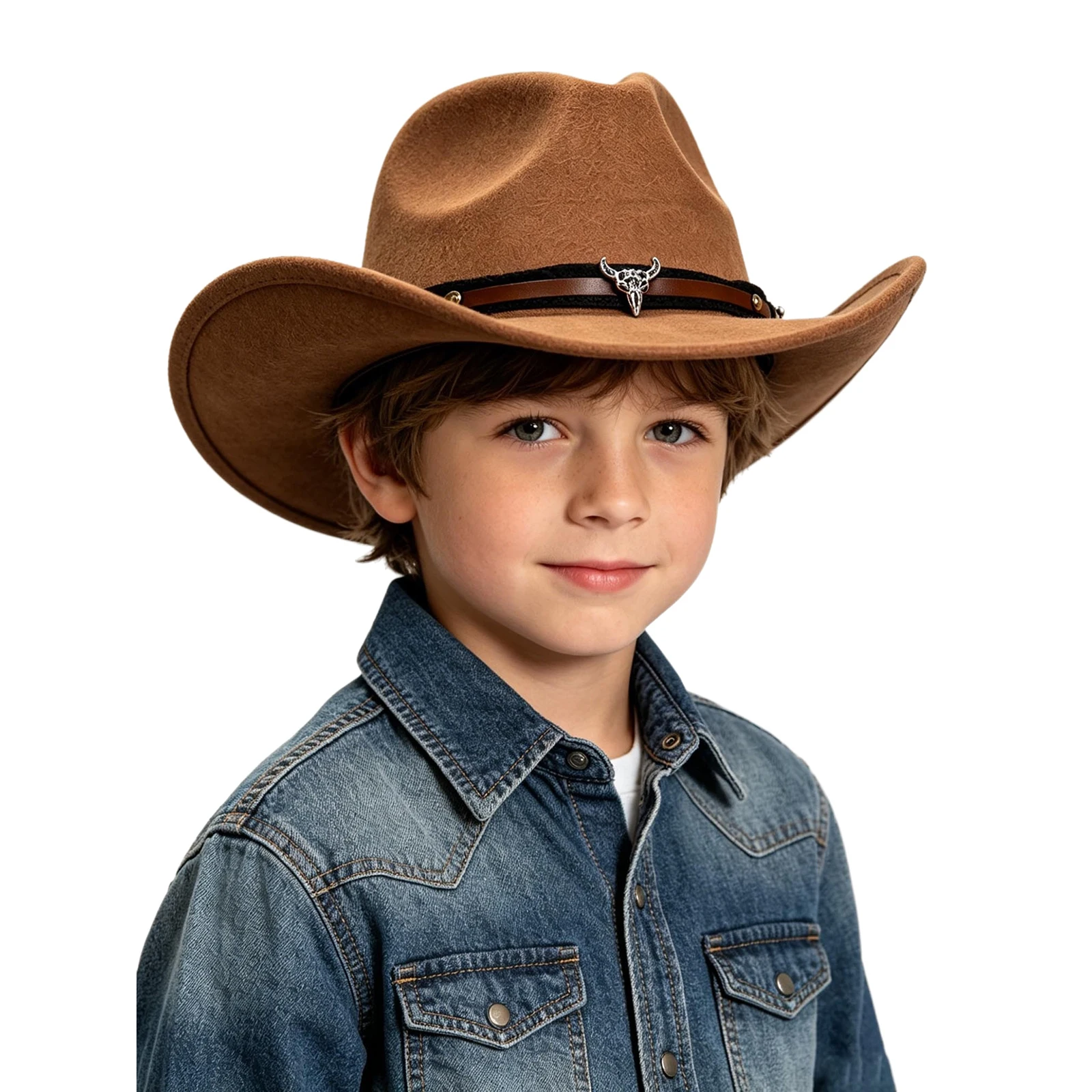 Kids Boys Girls Western Cowboy Wide-brimmed Hat Cap with Retro Band And Bull-shaped Decoration for Halloween Cosplay 5