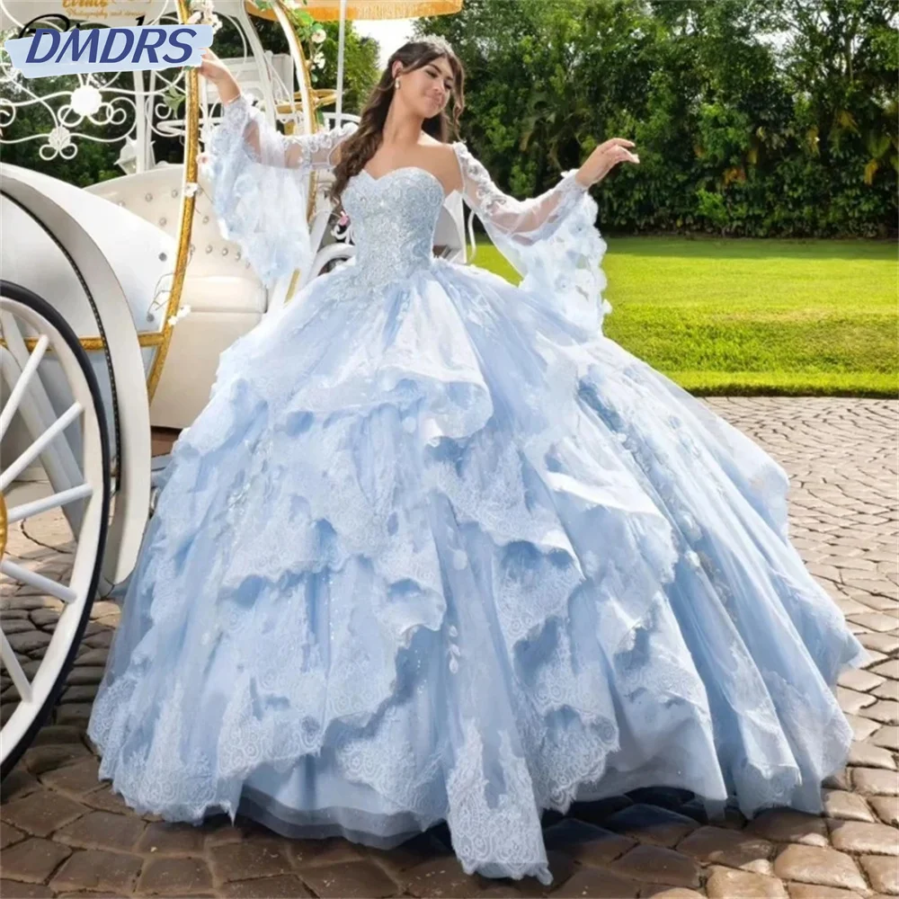 

Charming Light Blue Sweetheart Ruffles Ball Gown Off the Shoulder Appliques Lace Quinceanera Dresses Beading Vestidos De 15