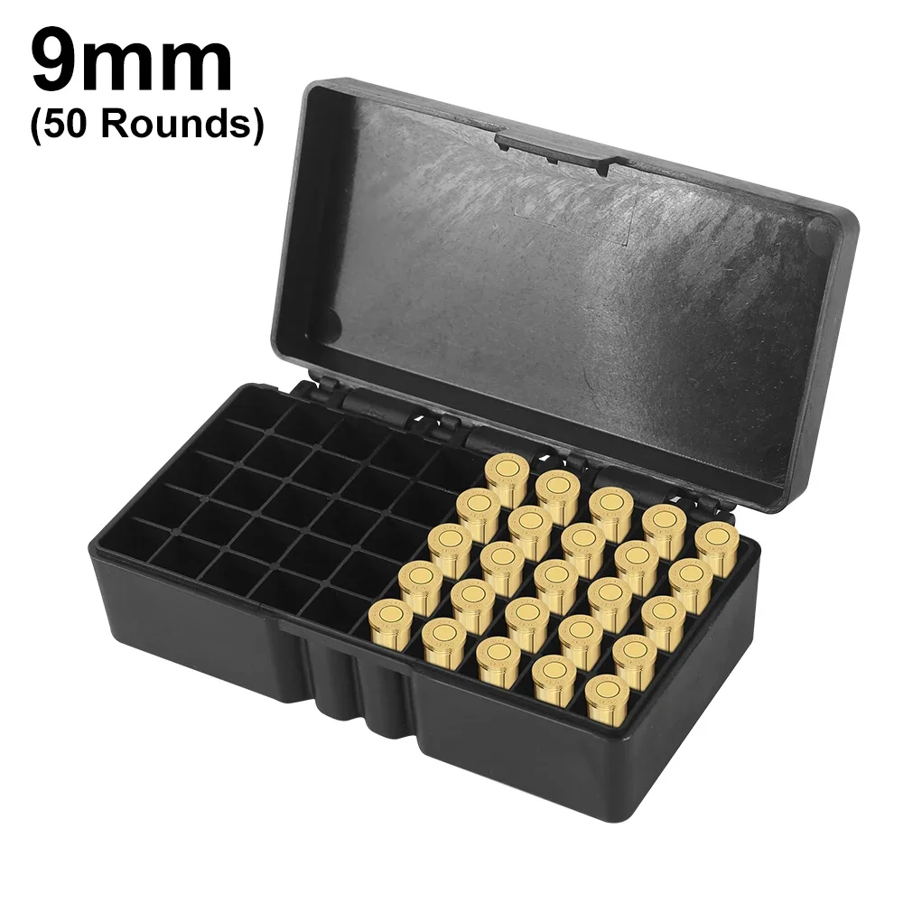 50/100 Rounds Tactical Bullet Box 9mm/.223/.38Super Pistol Rifle Ammo Carry Storage Box Flip-Top proiettili Case accessorio da caccia