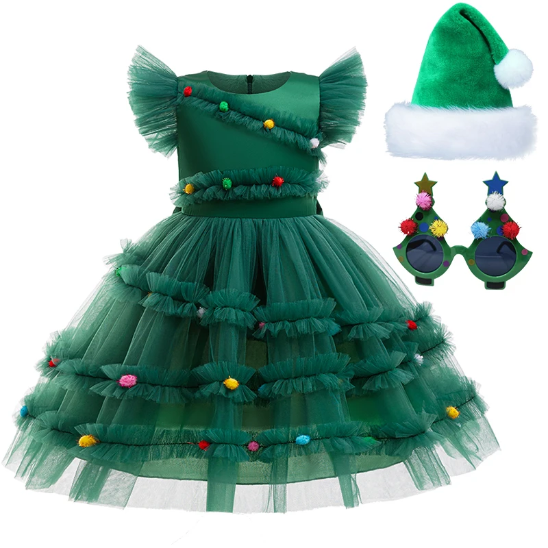 

Girls Christmas Tree Dress Mesh Flying Sleeves Christmas Dress Cute Princess Dress Mesh Puff Sleeves Children's Dress Party Set