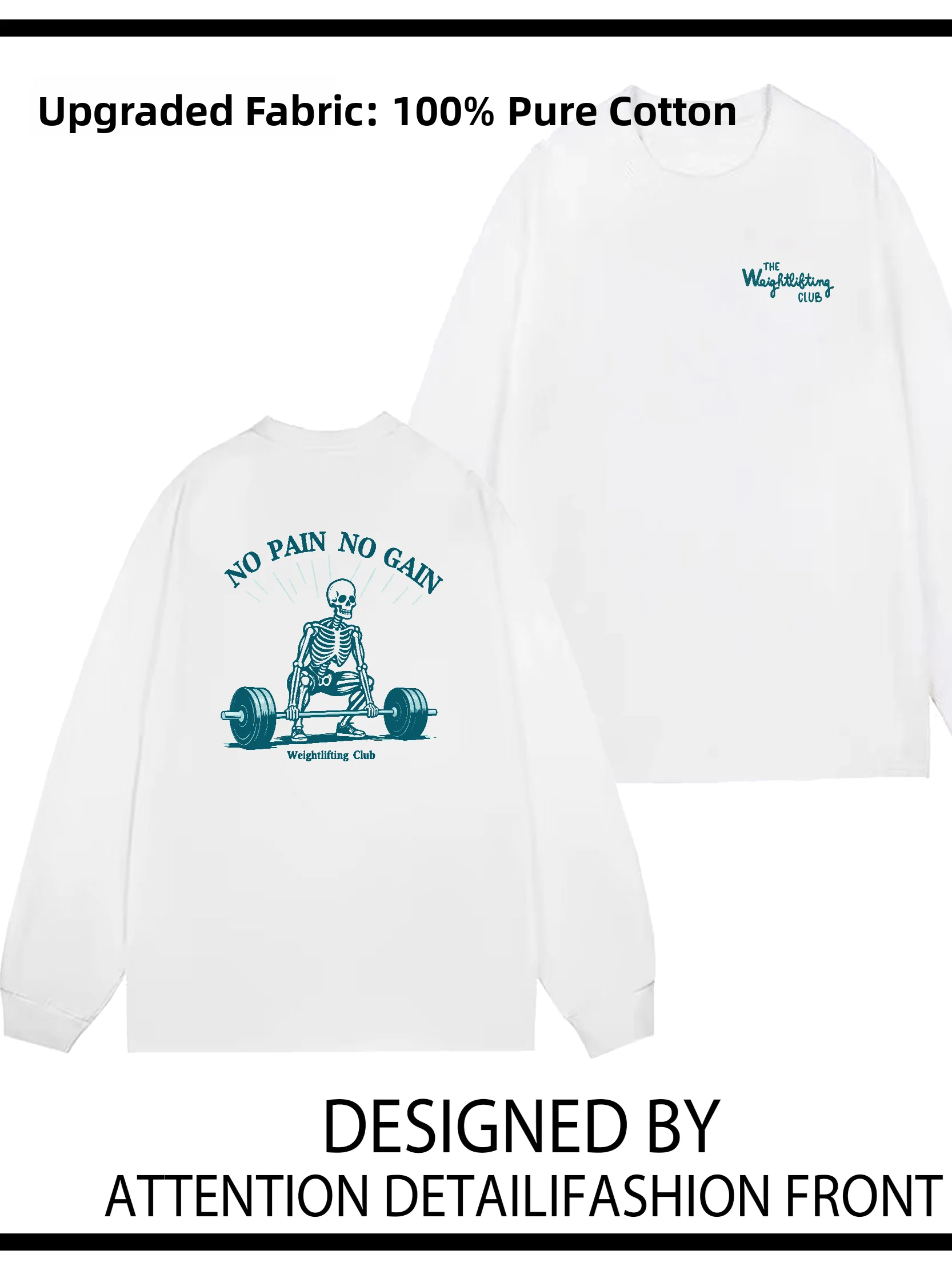 

Футболка с длинным рукавом из хлопка «No Pain No Gain» для фитнеса и тяжелой атлетики, свободного кроя, дышащая, для уличной моды, путешествий и повседневной носки