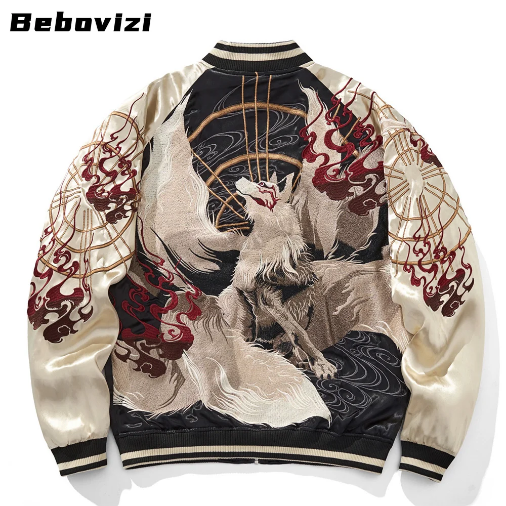 Japanese Style Nine Tailed Fox and Flame Embroidered Jacket 2025 Women Men Baseball Streetwear Harajuku Clothing Autumn Coats
