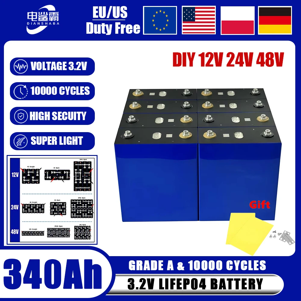 

NEW 3.2V 340Ah Lifepo4 Battery Grade A 10000 cycle Lithium iron phosphate Rechargeable Cell For DIY 12V 24V 48V Camping RV Solar