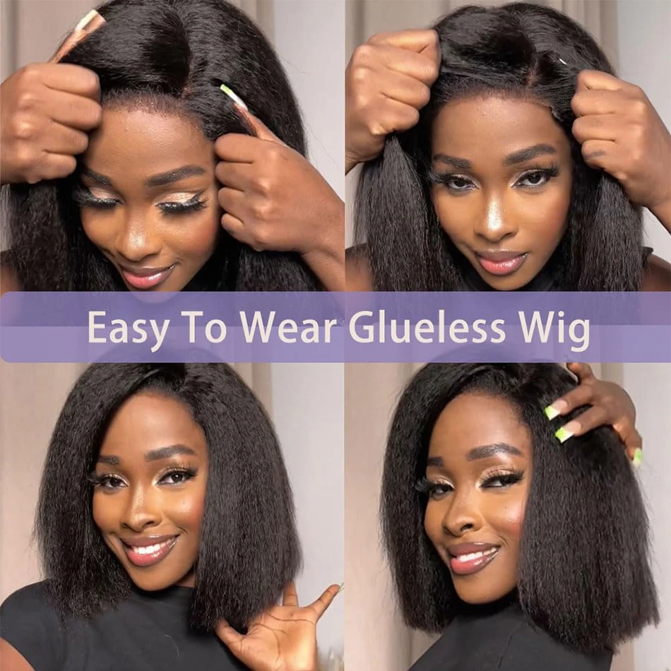 Ready To Wear Kinky Straight Bob Wigs Glueless 100% Human Hair Wigs Wear To Go Brazilian Yaki Straight Transparent Lace Wig 180%