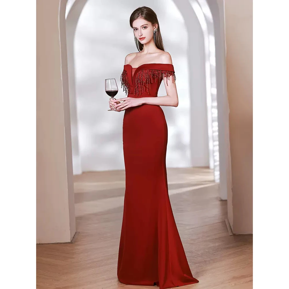 DEERVEADO Luxury Evening Dresses with Beads Women\'s Elegant Off Shoulder Soft Satin Formal Dress Appliques Party Maxi Dress