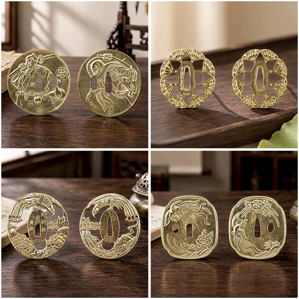 Pure Brass Tsuba Hand Carved Guard for Japanese Samurai Katana Sword Multiple Patterns Handmade Replacement Accessory