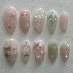 24pcs Summer Sweet Pink Roses Flower Medium Long Almond Nail Art Nails Set Press on Acyrlic Fake Nails Set Nail Tips with Charms
