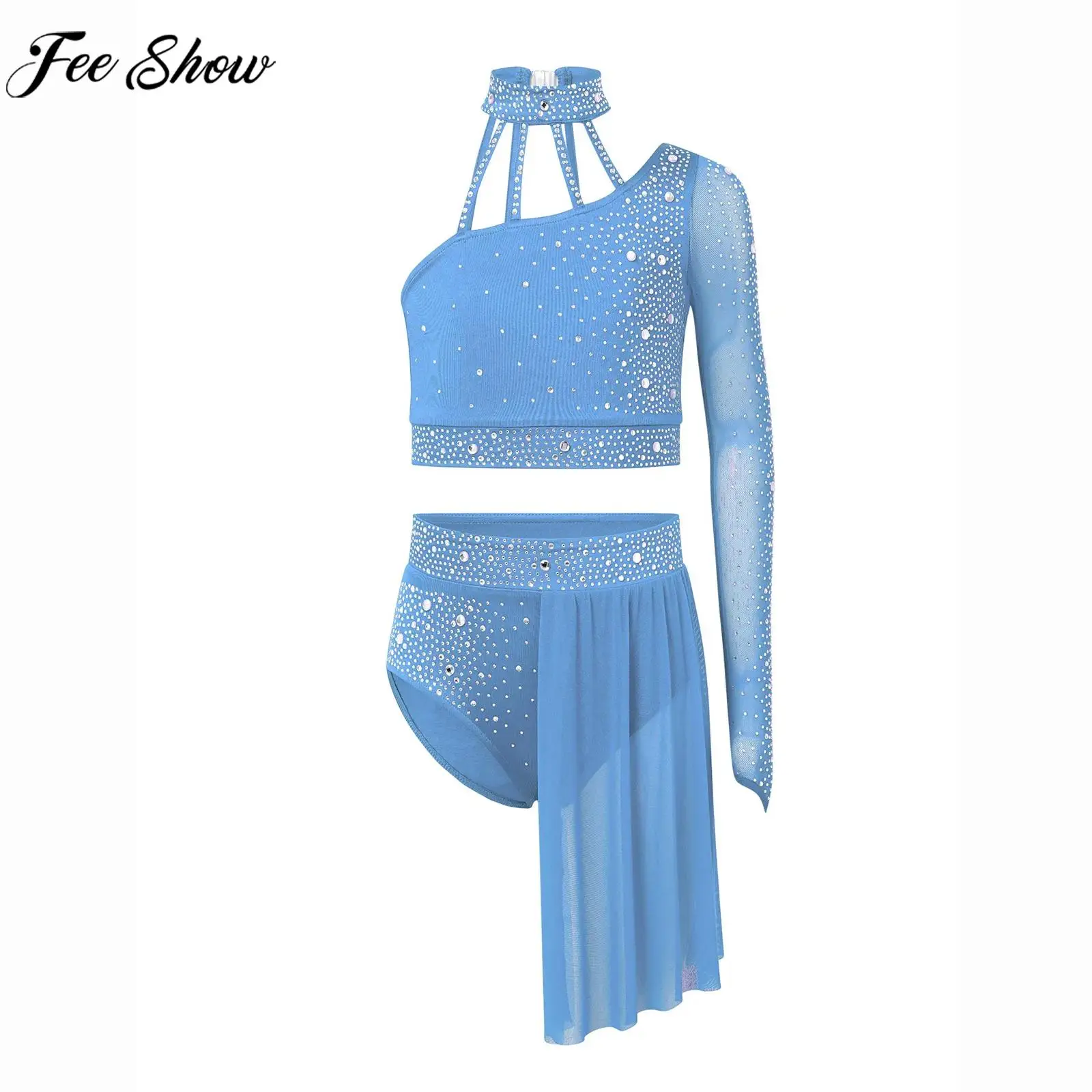 Girls Lyrical Dance Outfit Figure Skating Gymnastics Performance Costume Shiny Rhinestone Sheer Mesh Crop Top with Leotard Skirt
