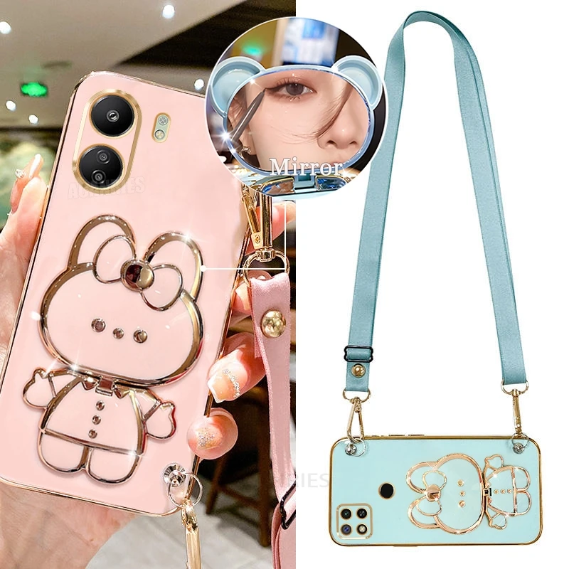 כיסוי סיליקון למחזיק מראה צלב Redmi13c עבור Xiaomi Redmi 13 13c 4g 12 12c 10 10a 10c 9 9a 9c A1 A2 Plus A3 כיסוי עם רצועת צוואר