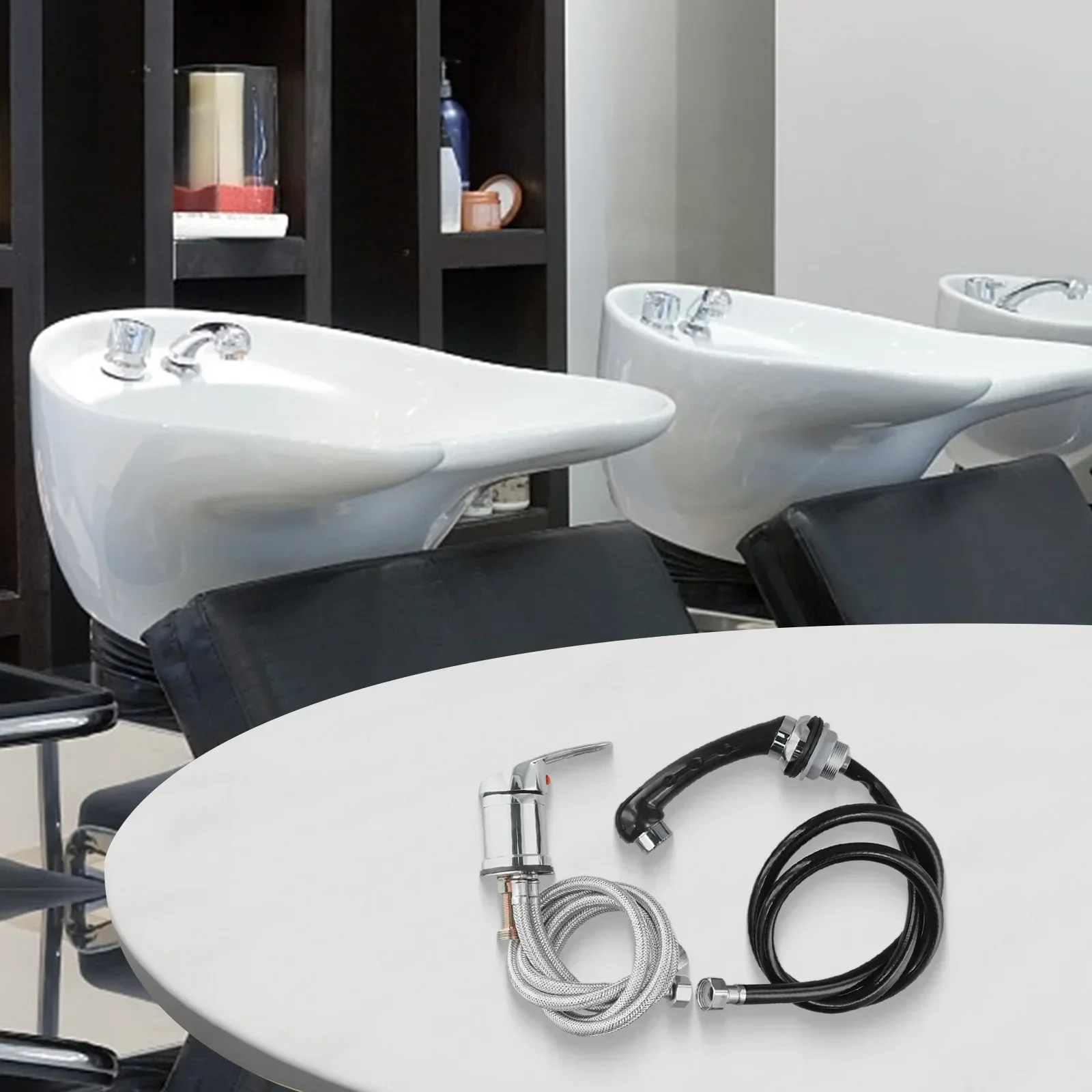 

Chrome Single Handle Hairdresser Faucet Total Nozzle Length 136cm Single Handle Design Cold And Hot Water Hoses Extended Reach