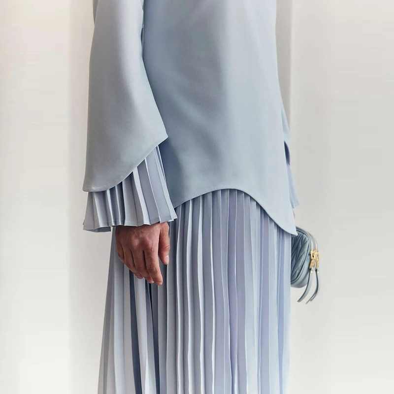 Office Fashion Patchwork Solid 2Pc Suit Women Casual Commuter Loose Outfits Elegant O-neck Long Sleeve Top & Pleated Skirt Sets