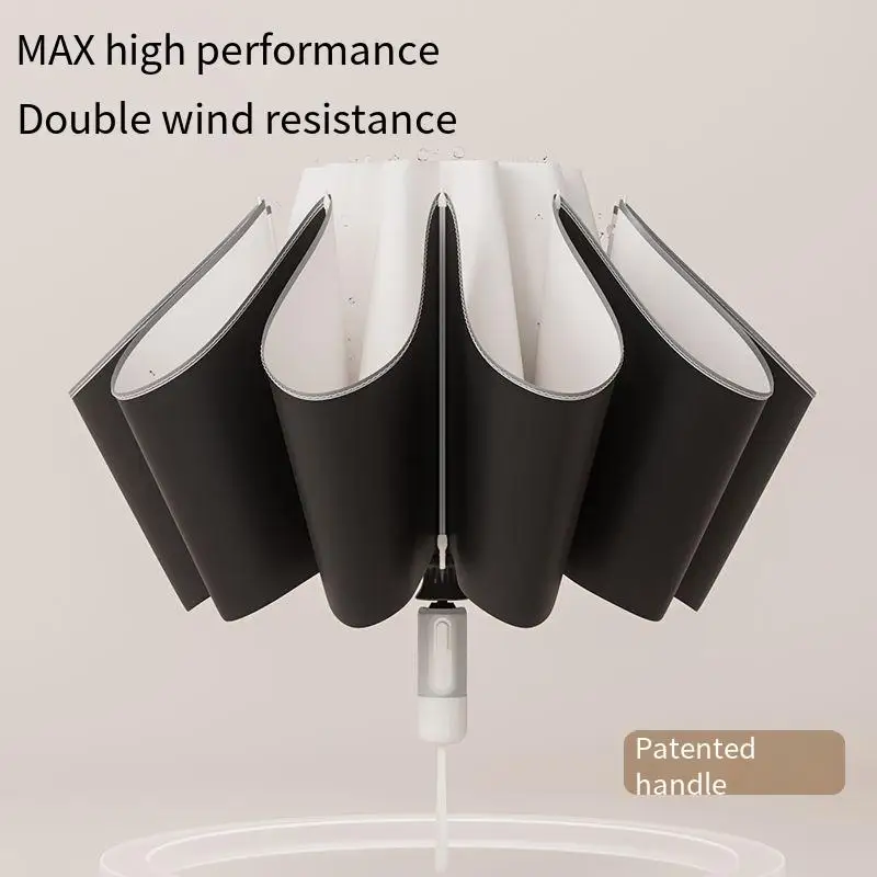 10-Rib Automatic Inverted Business Folding Umbrella, Black Glue Coated UV Protection Sun & Rain Dual Use