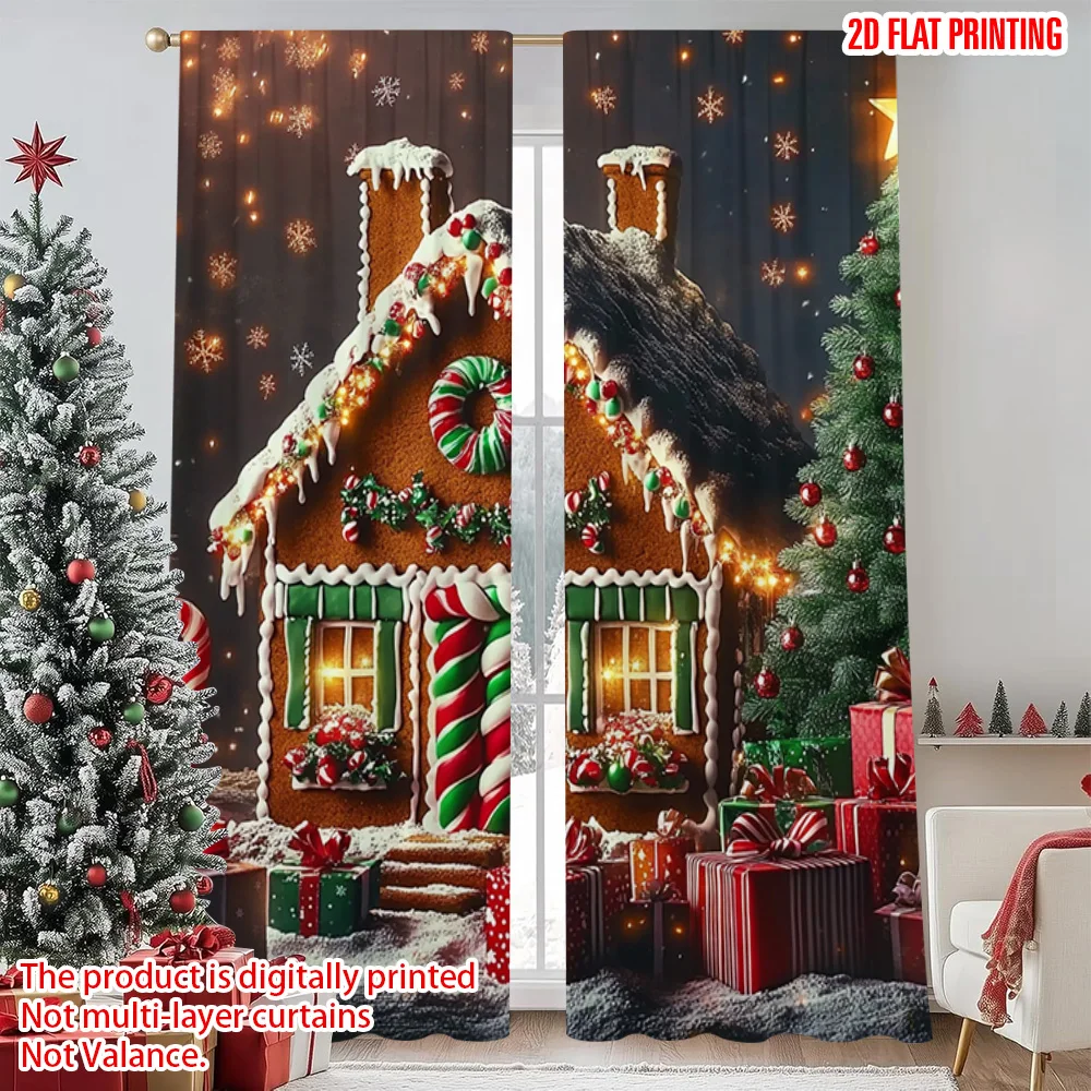 

2pcs 2D flat printing Merry Christmas Curtain Christmas gingerbread house Durable 100% Polyester Fabric Without Electricity