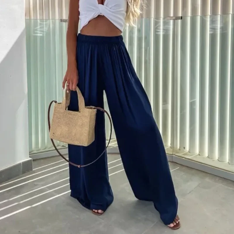 

Fashion High Street Solid Long Pants Summer Elegant Commuting Wide Leg Pants New Casual Elastic Waist Pleated Women's Trousers