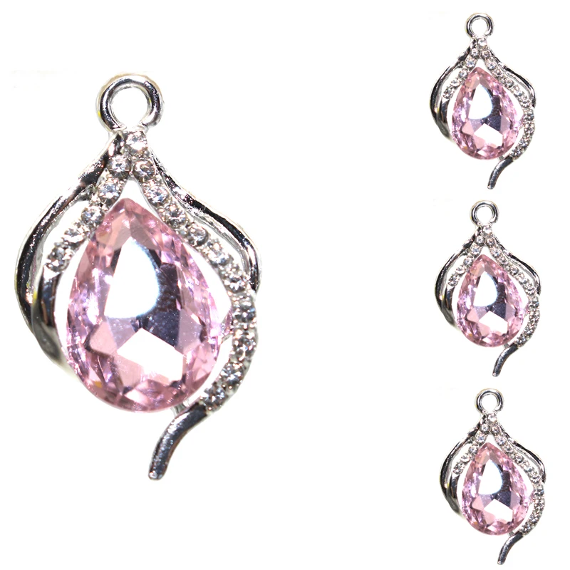 10Pcs26 * 15MM Alloy Water Droplet Pendant, Rhinestone Pink Women's Necklace, Earring Accessories, Wholesale In Stock