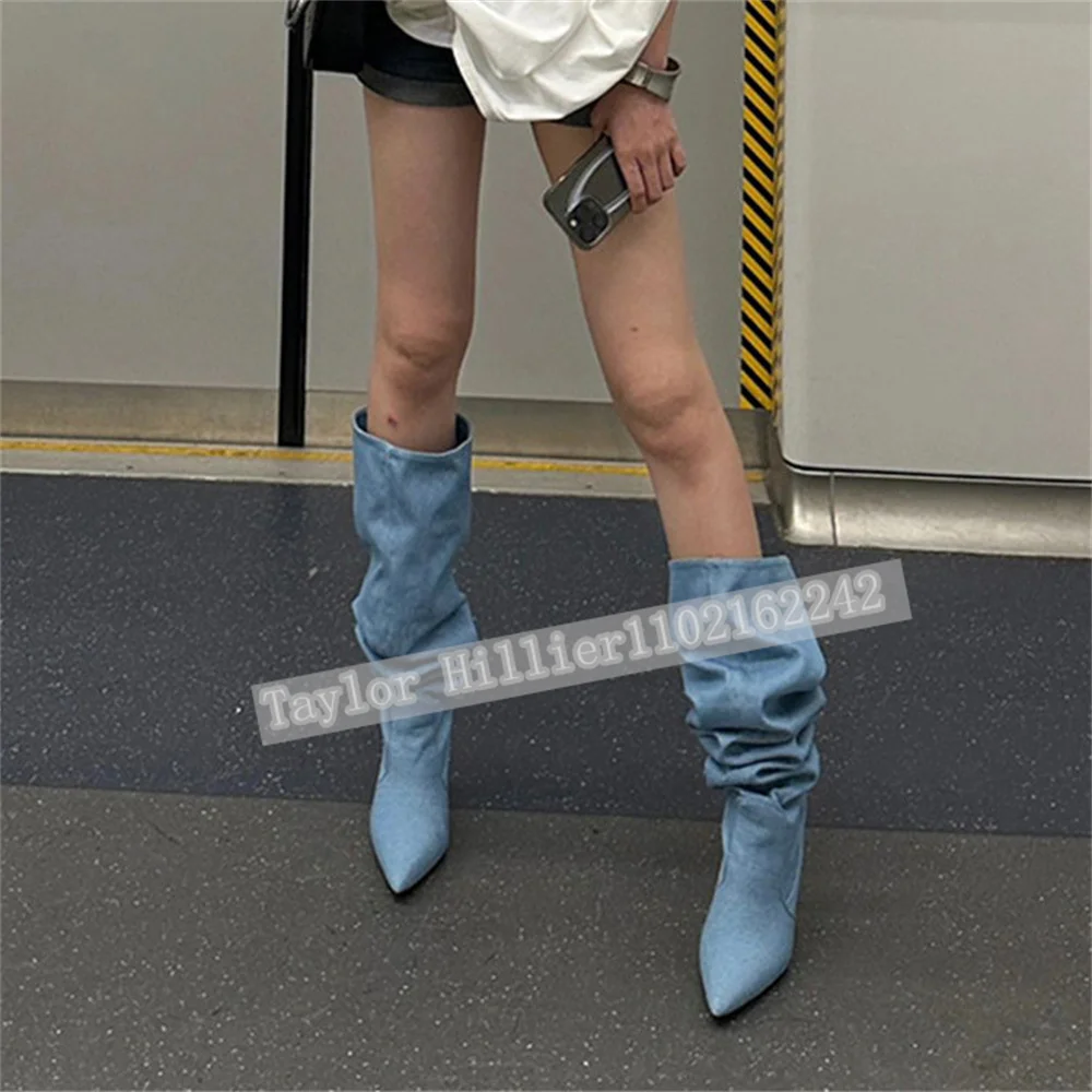 Springtime Blue Denim Pleated Slouch Shoes Women'S Pointed Toe Stiletto Boots Fashion Party Runway Boots Zapatos Mujer 46