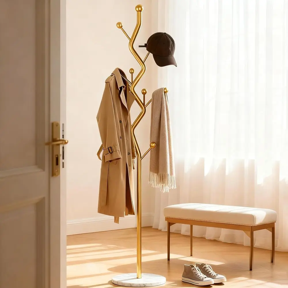 Gold-Tone Metal Freestanding Coat Rack with Marble Base, Holds Hats, Bags, and Scarves for Home Entryways