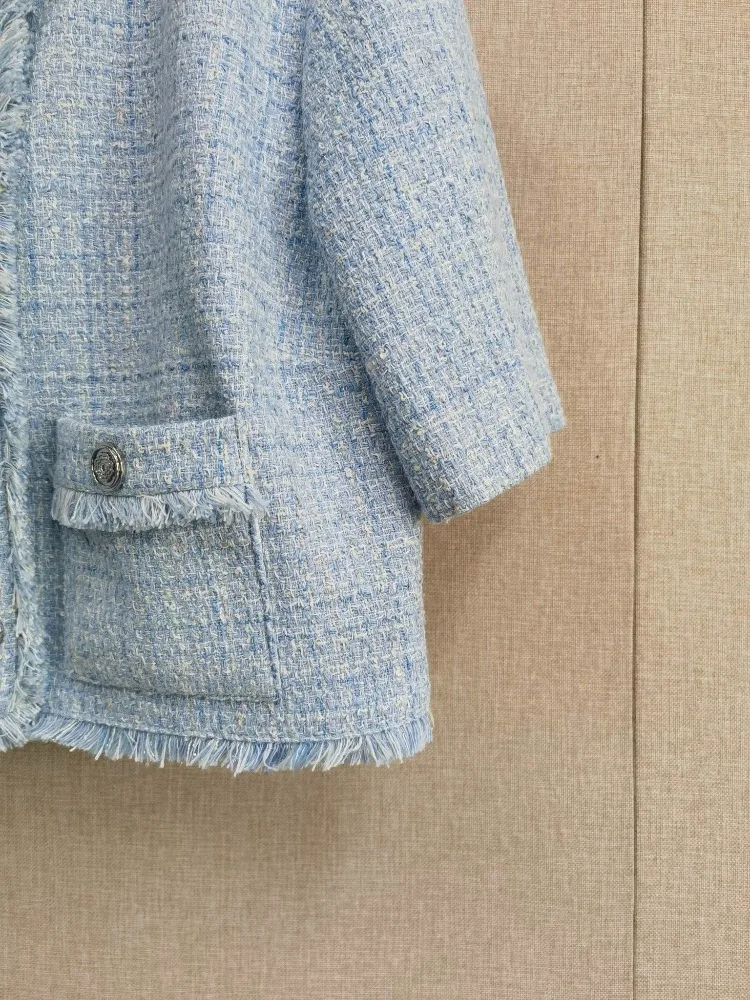 

Blue Tweed Short Sleeve Short Jacket Tops 2025 New Design