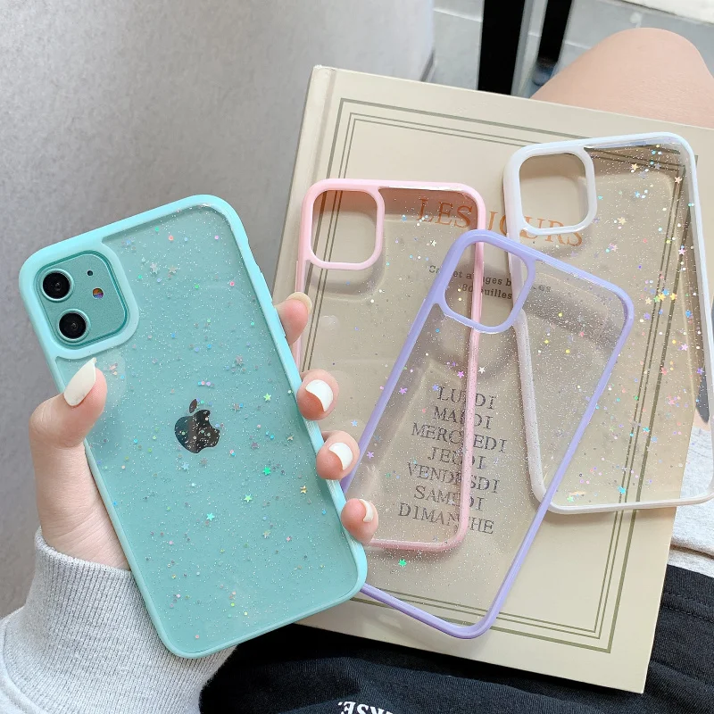 

10pcs Bling Glitter Star Phone Case For iPhone 14 13 12 11 Pro Max XR XS Max X 6S 7 8 Plus Transparent Silicone TPU Shell Cases