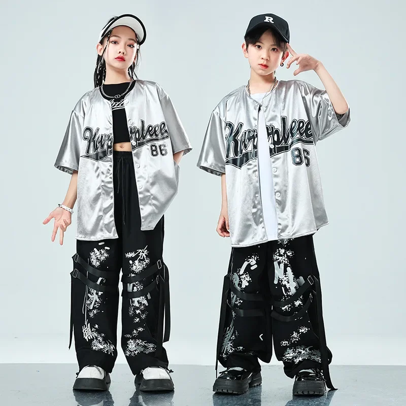 Children\'s Streetwear Dance Clothing Boy Girl Fashion Loose Jazz Hip Hop Baseball Shirt Pant Sets Kids Performance Costumes