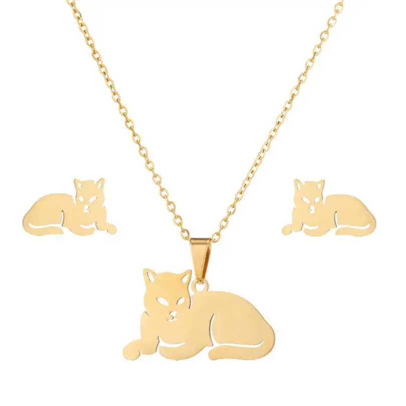 Necklace stud earrings set lying on the cheetah accessories female niche design cold wind stainless steel small animal three-pie