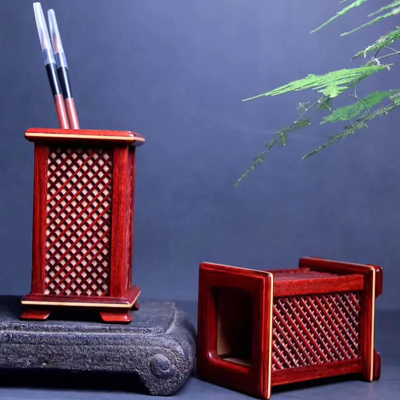 Red sandalwood inlaid boxwood square pen holder Study four treasures mahogany handicrafts solid wood ornaments