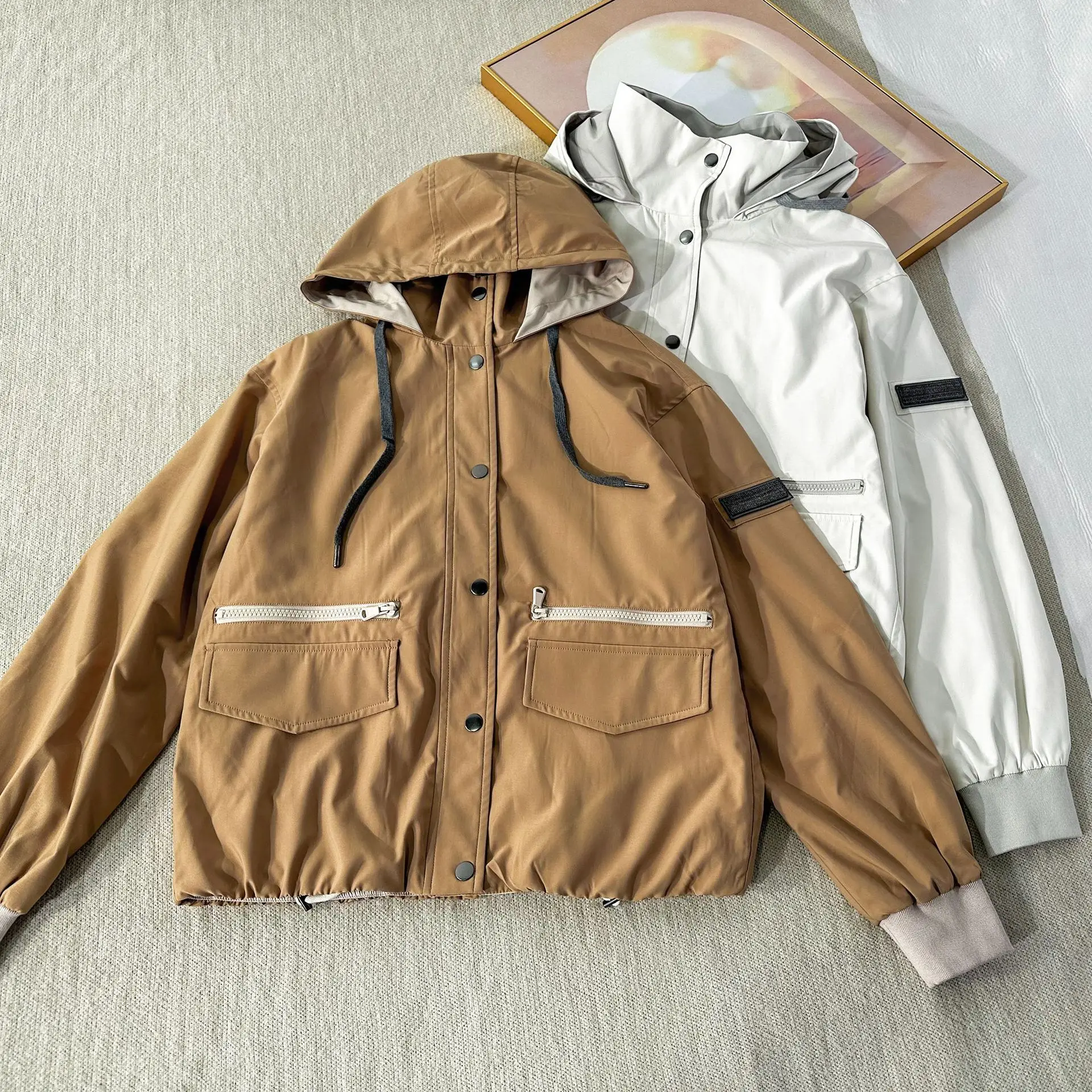 2025 Spring New Fashion Casual Windbreaker All-Match Top Hooded Jacket Drawstring Design