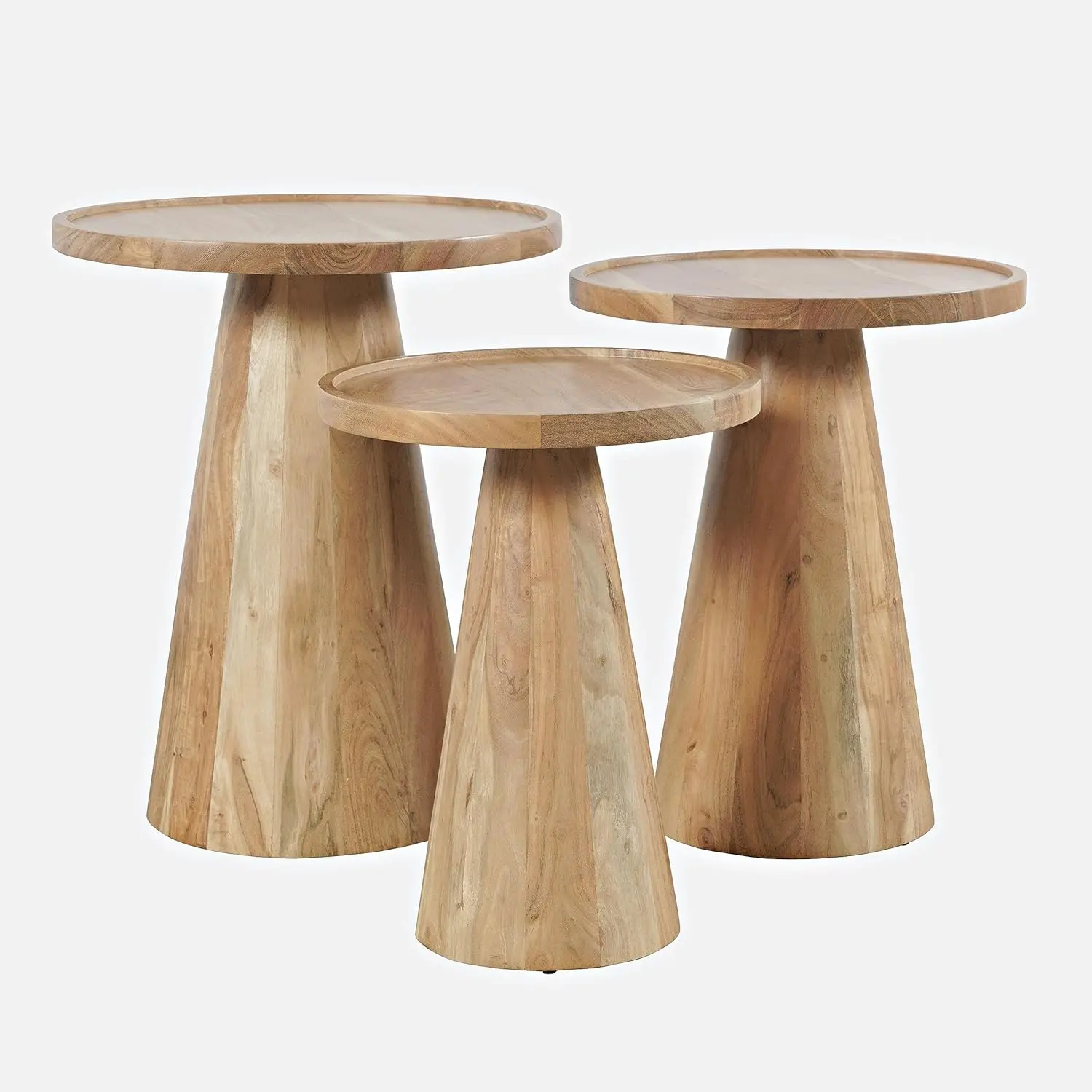 Jofran Knox Mid-Century Modern Solid Hardwood Pedestal Round Accent End Nesting Tables - Set of 3, Natural