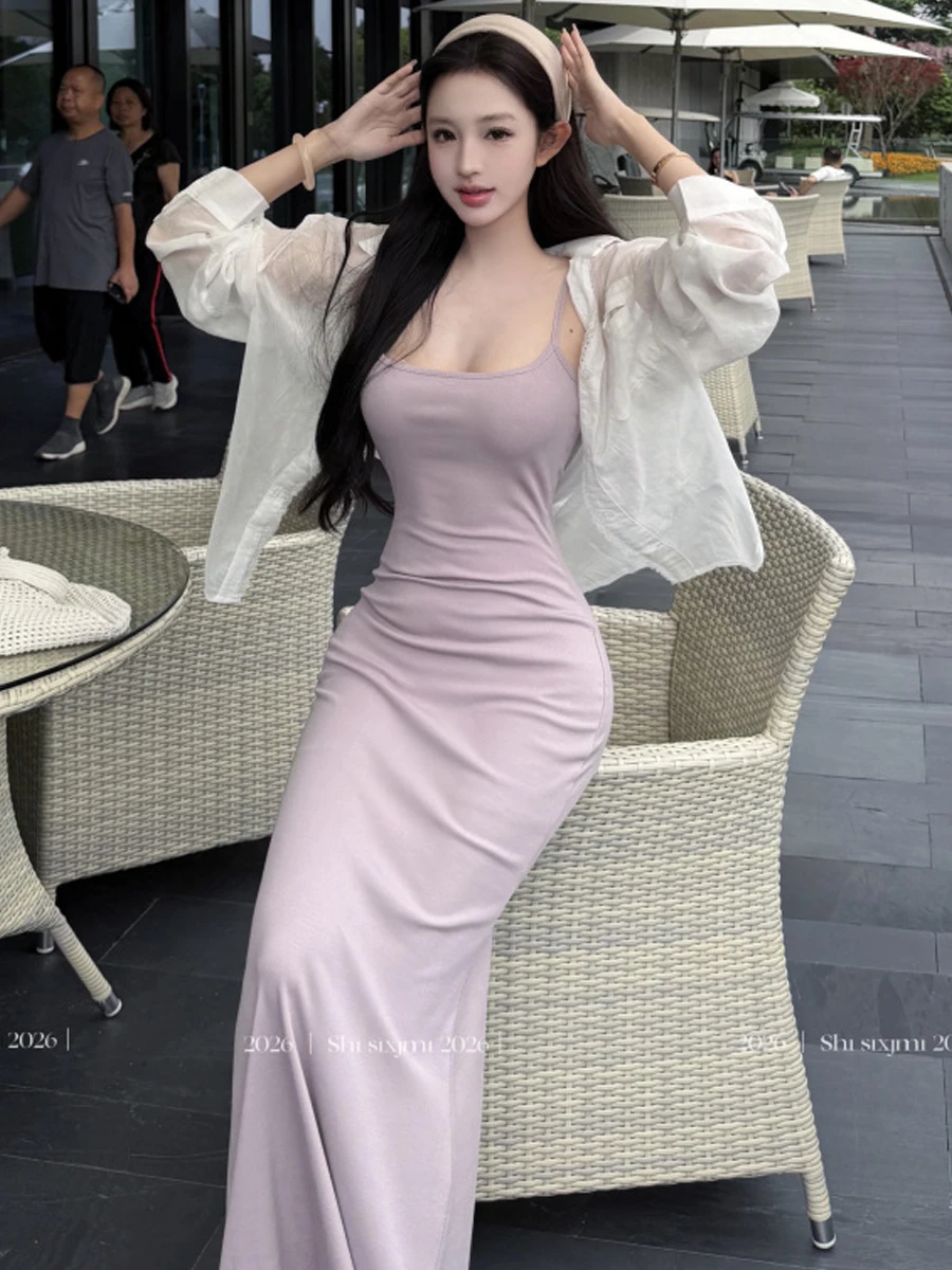 Sexy Long Slimming Strap Dress Sun Protection Long Sleeve Shirt Outerwear Two Piece Set Women's Fashion Spring Autumn Wear