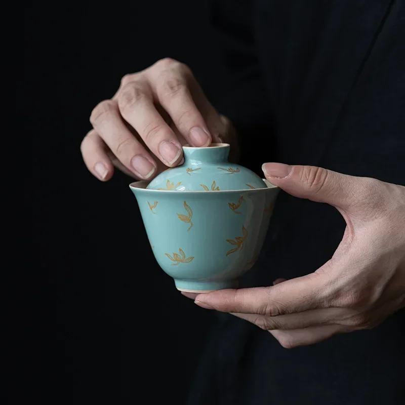 150ML Light Green Bronzing Ceramic Cover Bowl Autumn Water Orchid Tea Bowl Chinese Kung Fu Tea Set Rock Tea Main Brewing Bowl