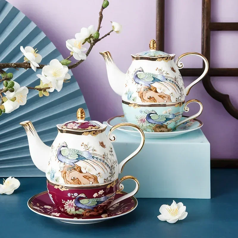 British light luxury ceramic teapot afternoon scented tea pot with flower and bird single pot cup and saucer custom gift box set