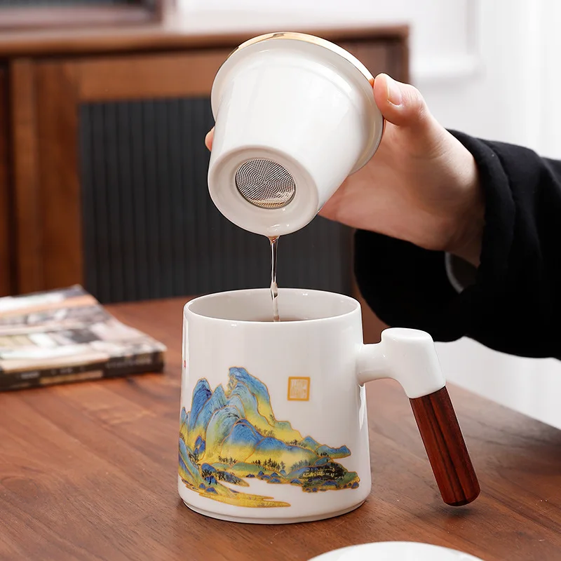 Guochao office cup gift box for household tea separation filter with lid to make tea ceramic water cup single cup