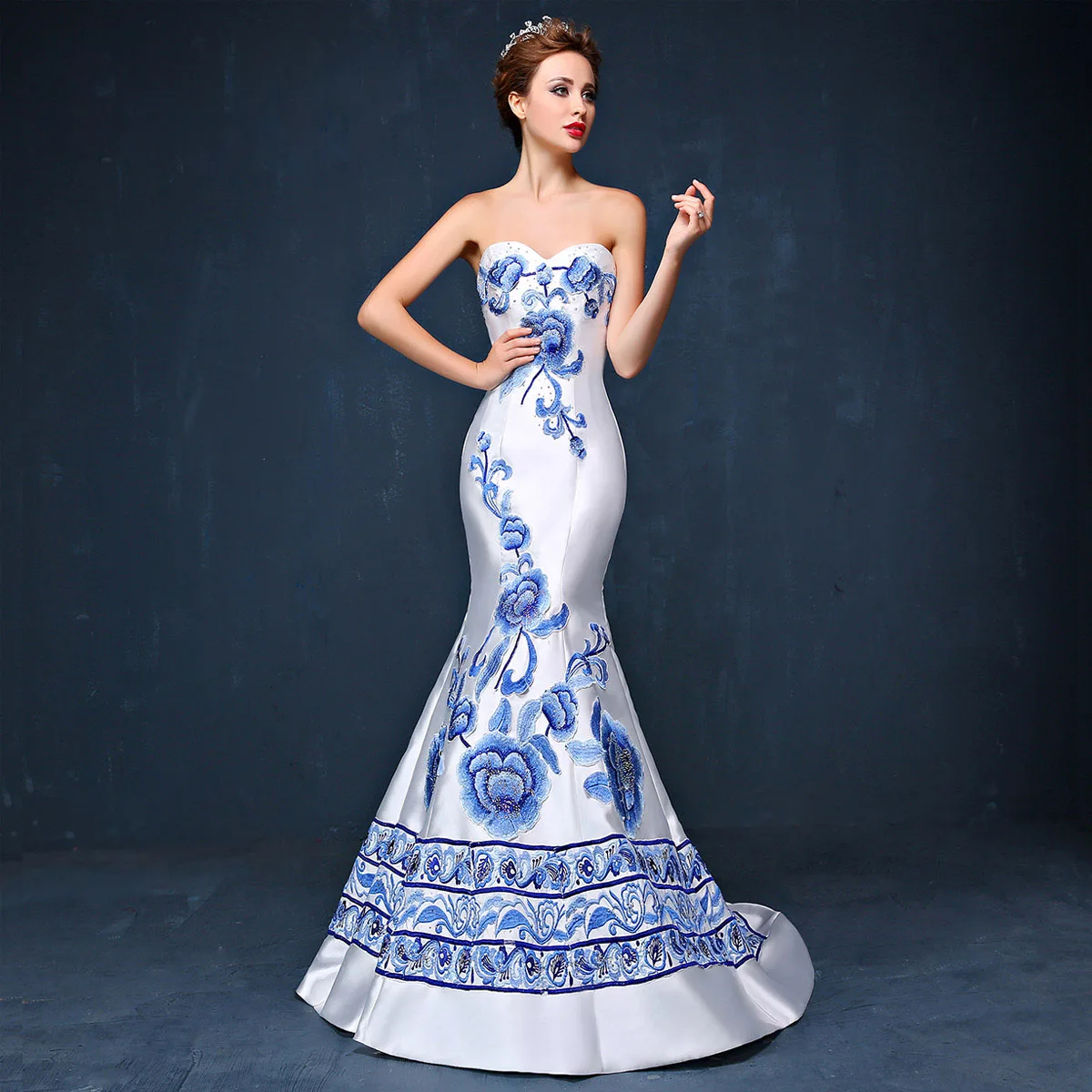 Chinese Contemporary Hostess dress long style elegant slim model walk show cheongsam stage blue and white porcelain Costume