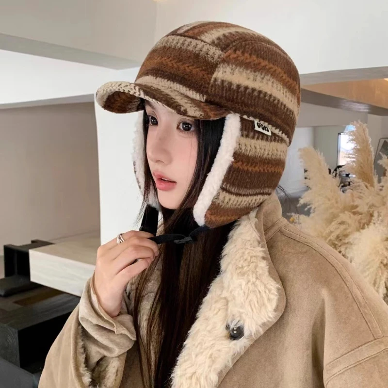 Gestreifte Retro-Gehörschutzhut für Männer und Frauen im Winter mit dicken Samt- und warmen, winddichten Bombermützen