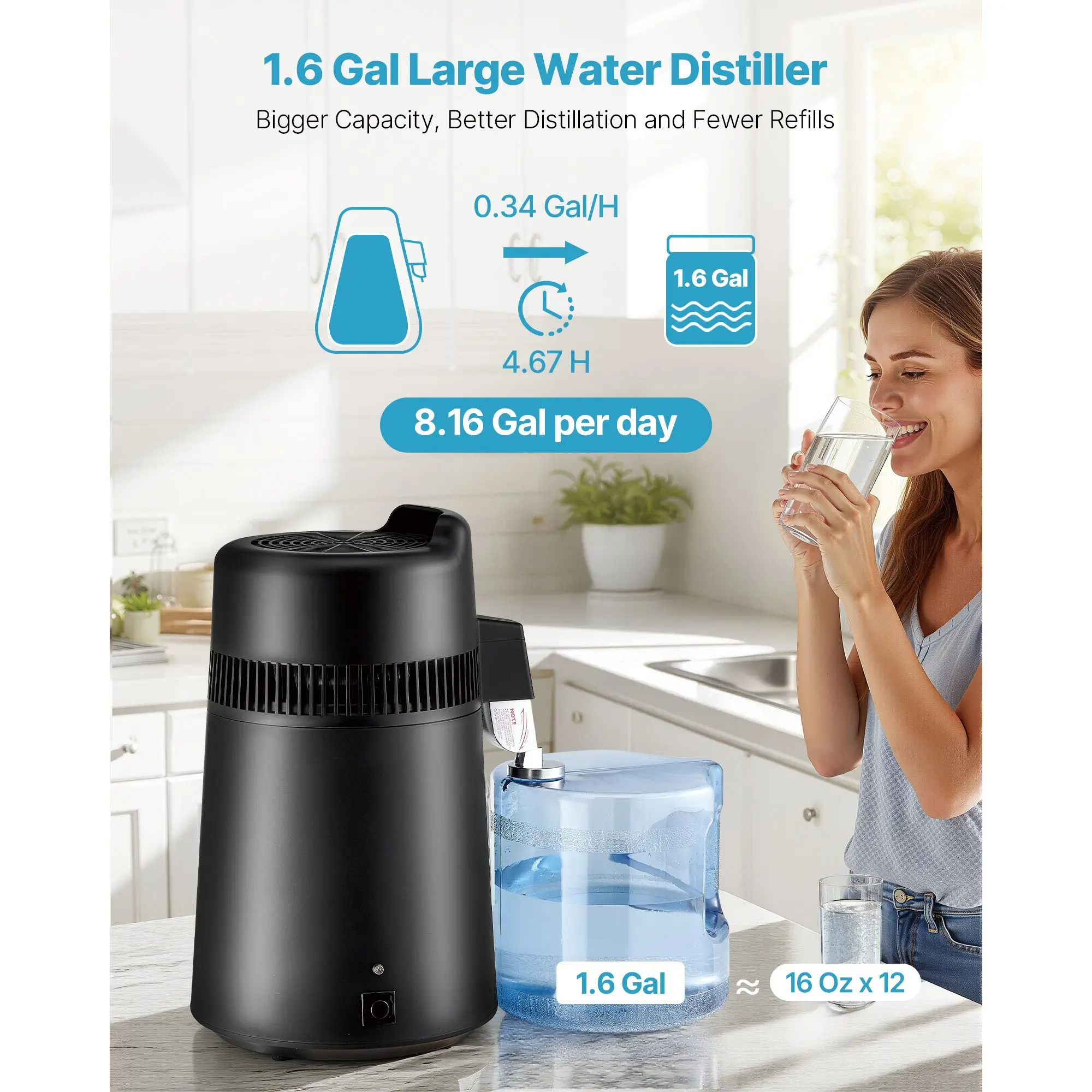 Water Distiller, 6L 1.6 Gallon Larger Pure Water Purifier Filter For Home Table Countertop, 900W Plastic Distilled Maker, Stainl