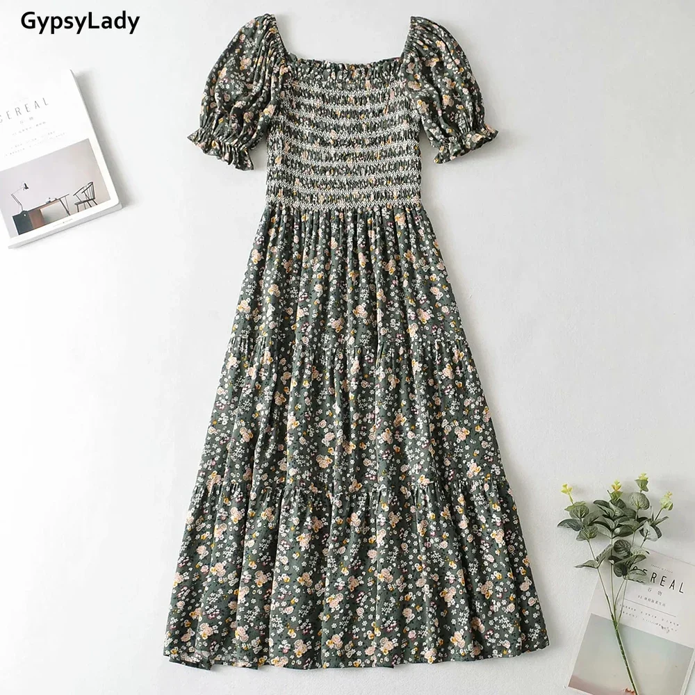 GypsyLady Floral Printed Women Dress Green Summer Holiday Long Dress Elastic Rayon Ruffles Sexy Chic Ladies Female Dresses NEW