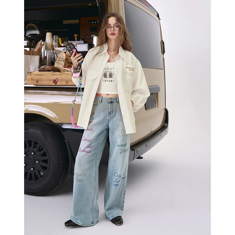 ELFSACK 2025 Autumn New Arrival Casual Loose Solid Letter Print Full Sleeve Shirt For Woman