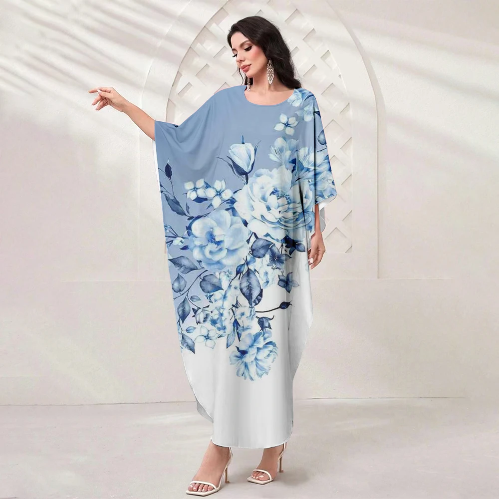 New Muslim Robe Loose Dress Women's Gilbarb Muslim Dress Fashion Bat Sleeve O Neck Casual Floral Printed Robe Islamic Dresses