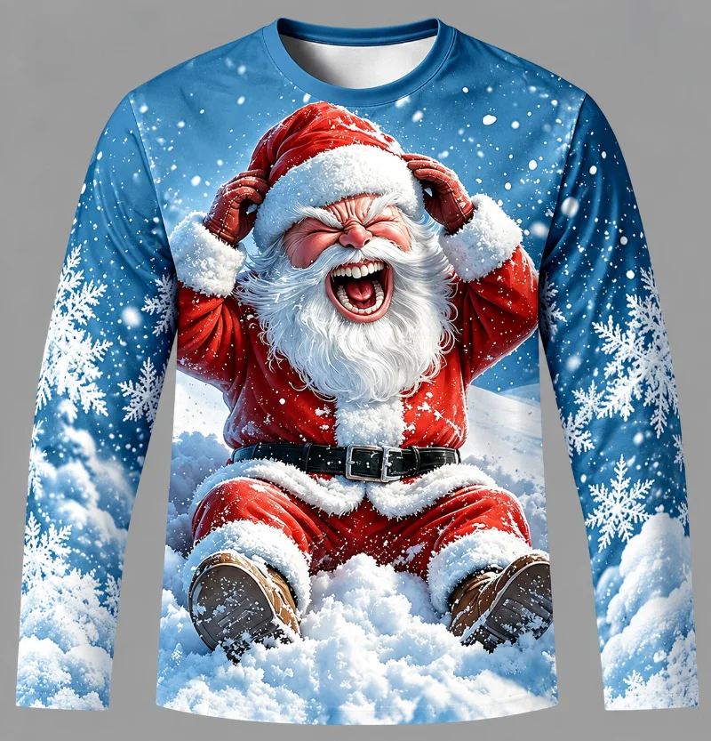 Unisex Full 3D Print Long Sleeve T-Shirt, Funny Santa Claus Snowflake Graphic Print Christmas Casual Holiday Tee for Men Women